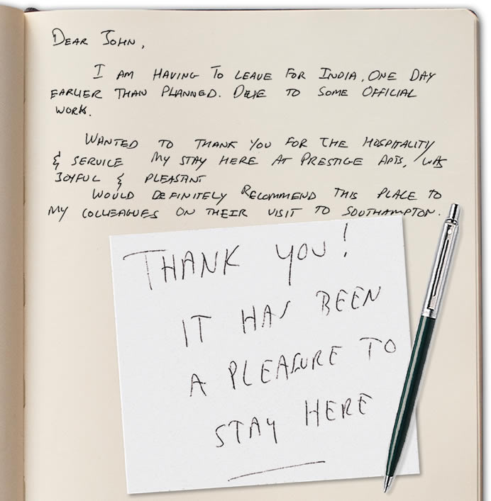 Guestbook review and handwritten note